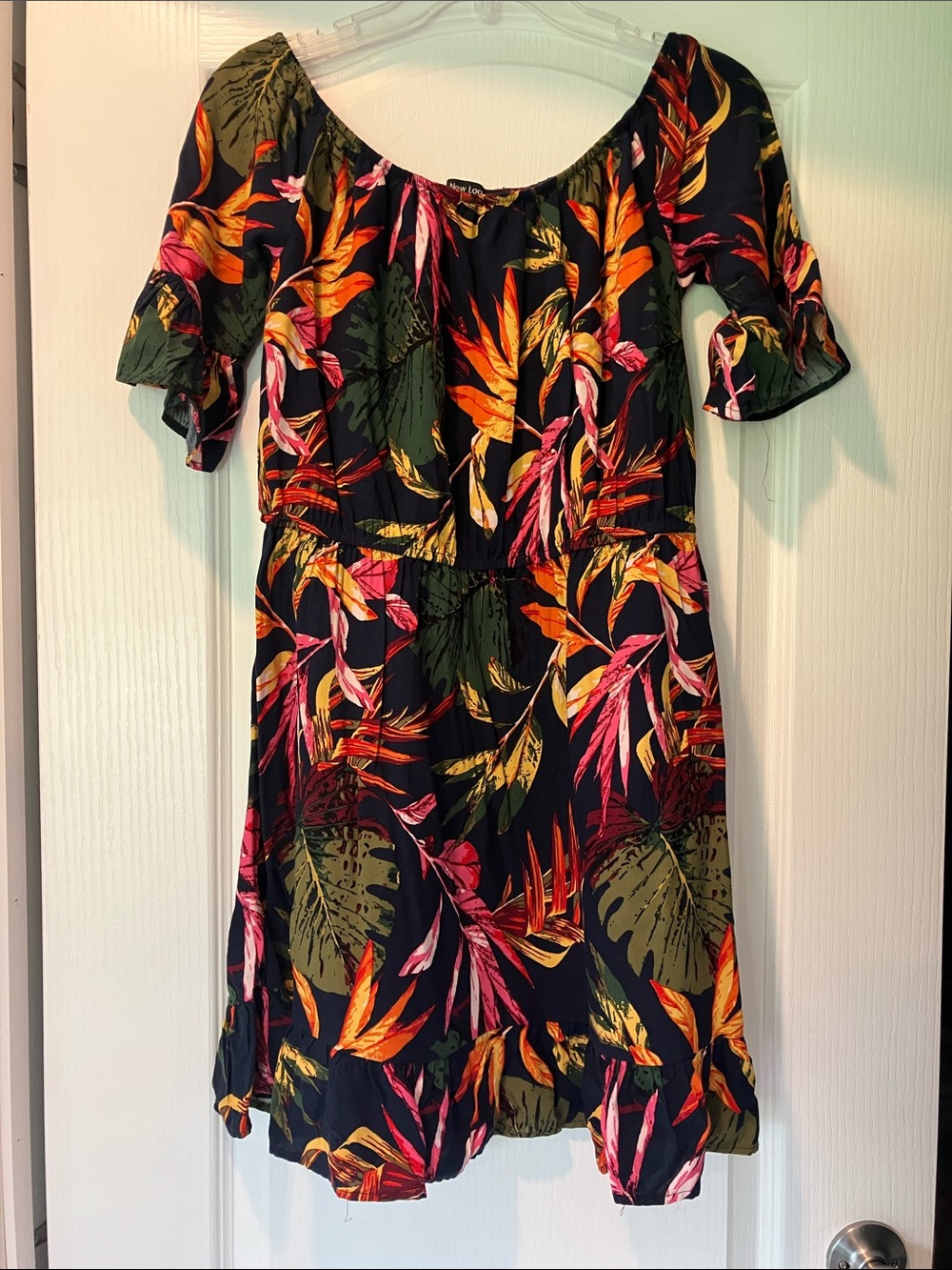 New Look Black Midi Dress with Pink, Orange and Green Tropical Print